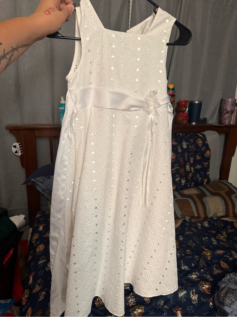 Bonnie Jean White Sequin Satin Sash Flower Girl Dress